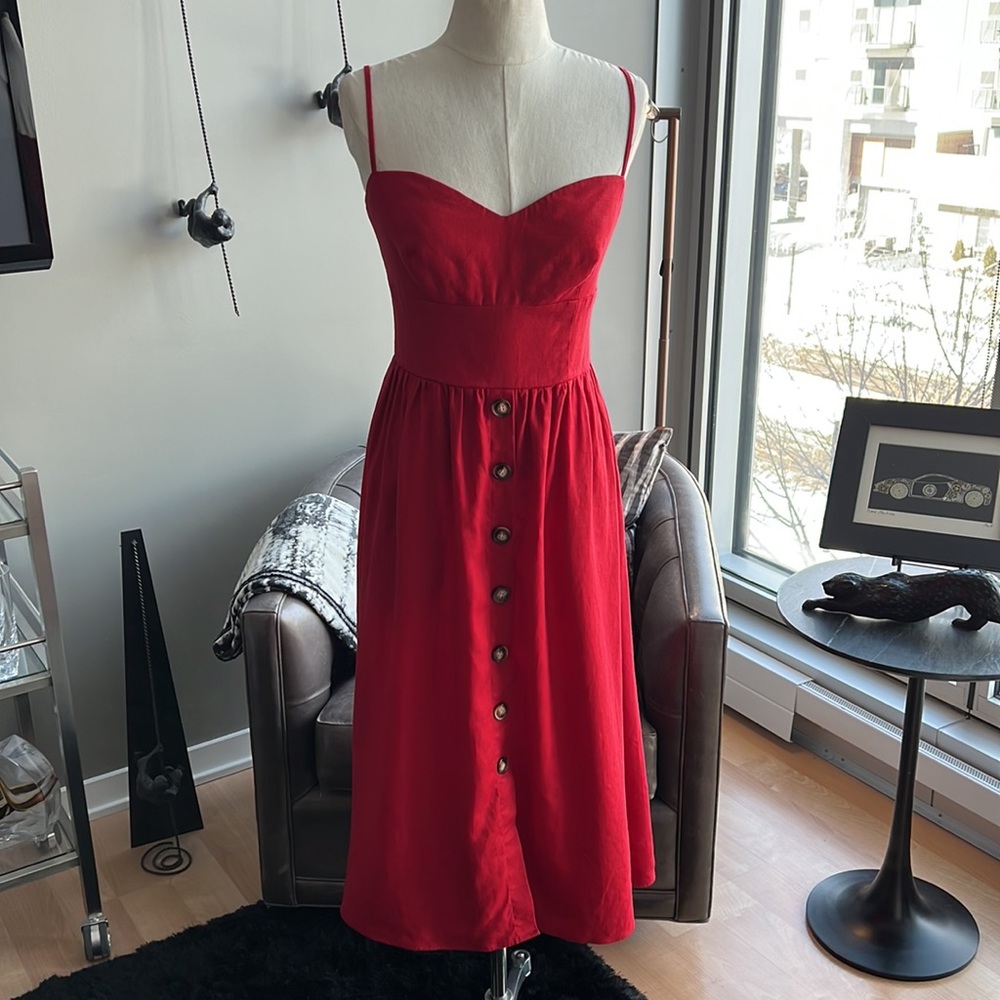 Reformation Cale Linen Button Front Midi Dress Size 8 (Cherry Red)